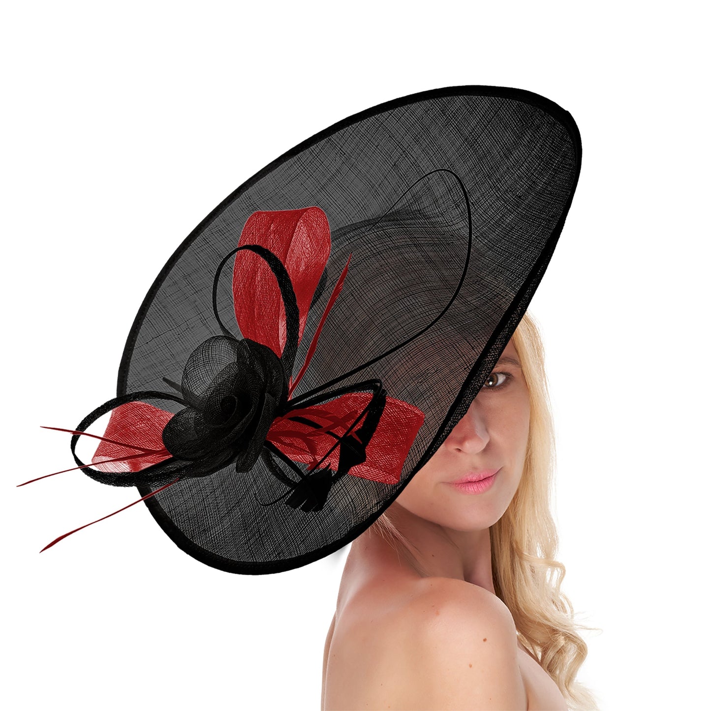 Black Red 41cm Mix Large Sinamay Hatinator Disc Saucer Brim Hat Fascinator on Headband