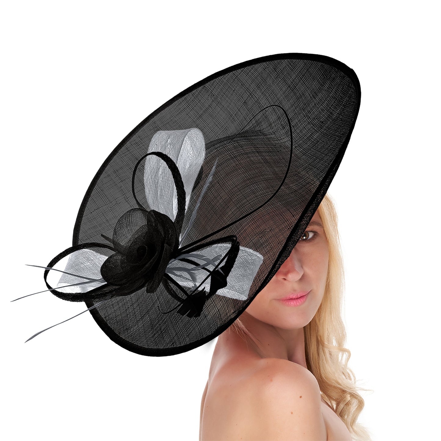Black Silver 41cm Mix Large Sinamay Hatinator Disc Saucer Brim Hat Fascinator on Headband
