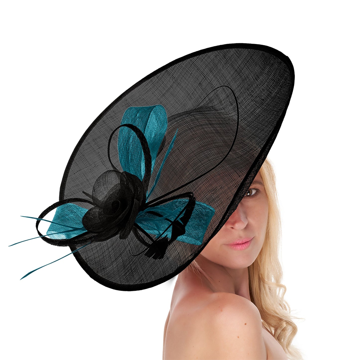 Black Teal 41cm Mix Large Sinamay Hatinator Disc Saucer Brim Hat Fascinator on Headband