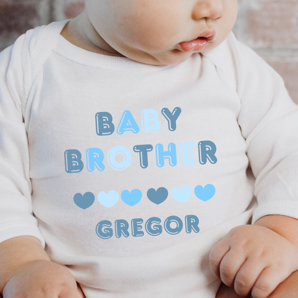 Personalised Blue Baby Brother Baby Grow, Vest or Bib with Name