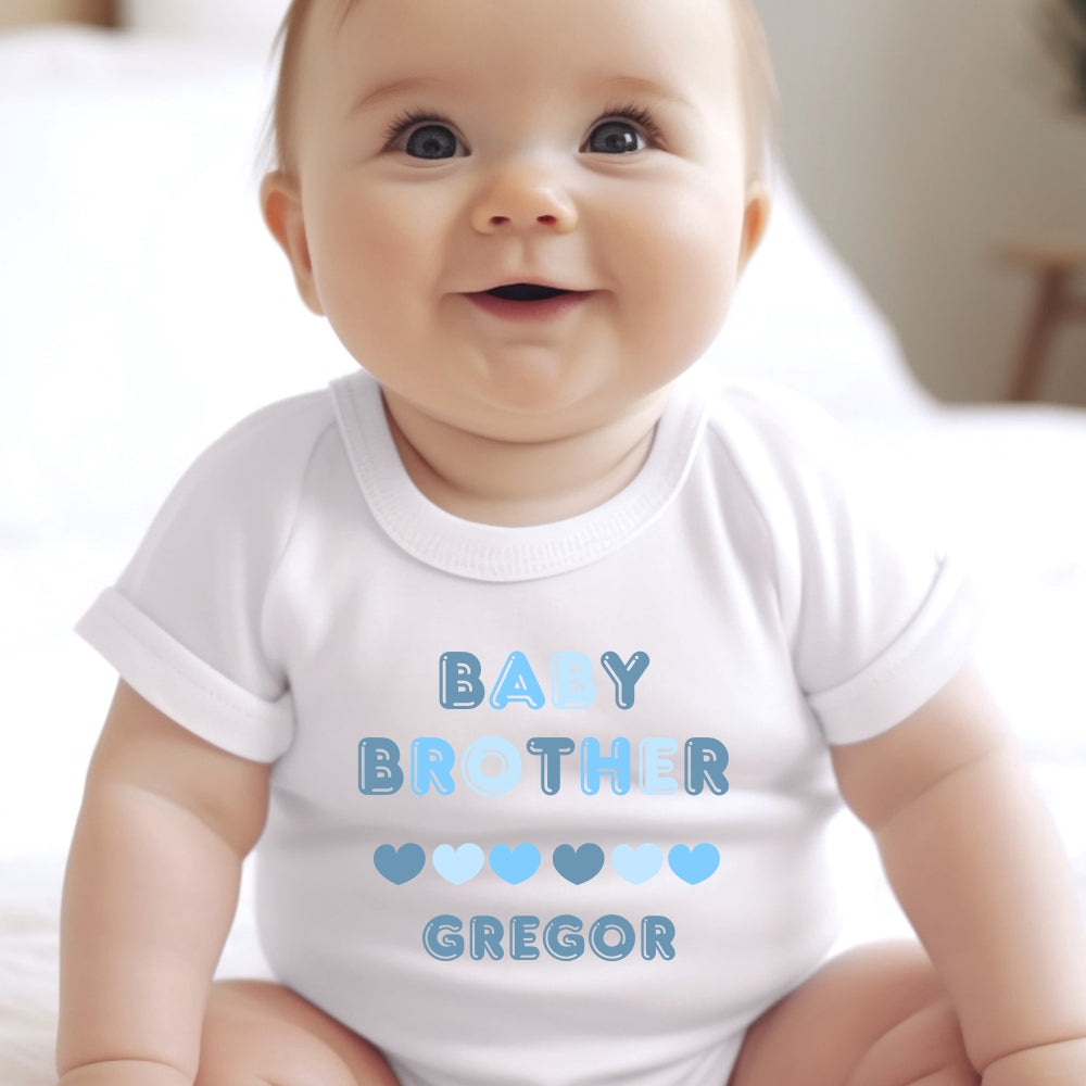 Personalised Blue Baby Brother Baby Grow, Vest or Bib with Name