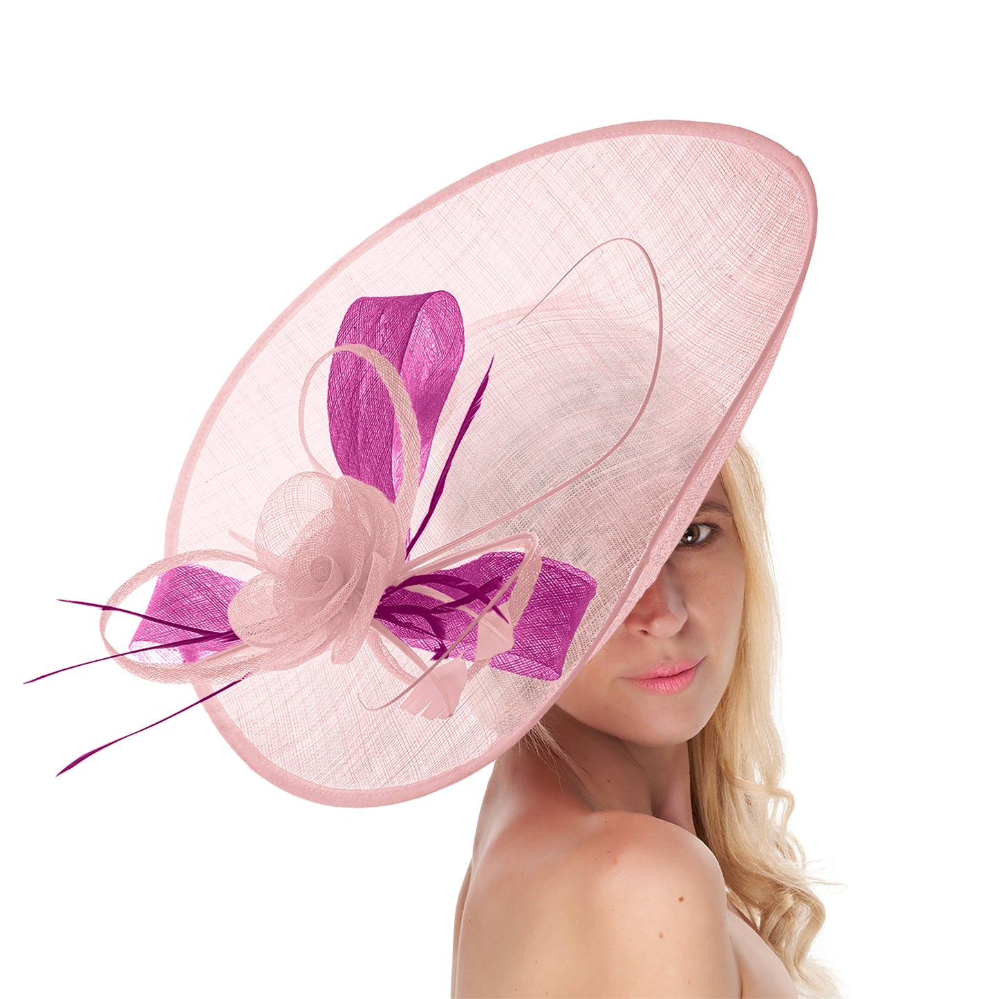 Blush Light Pale Pink Fuchsia 41cm Large Sinamay Hatinator Disc Saucer Brim Hat Fascinator on Headband