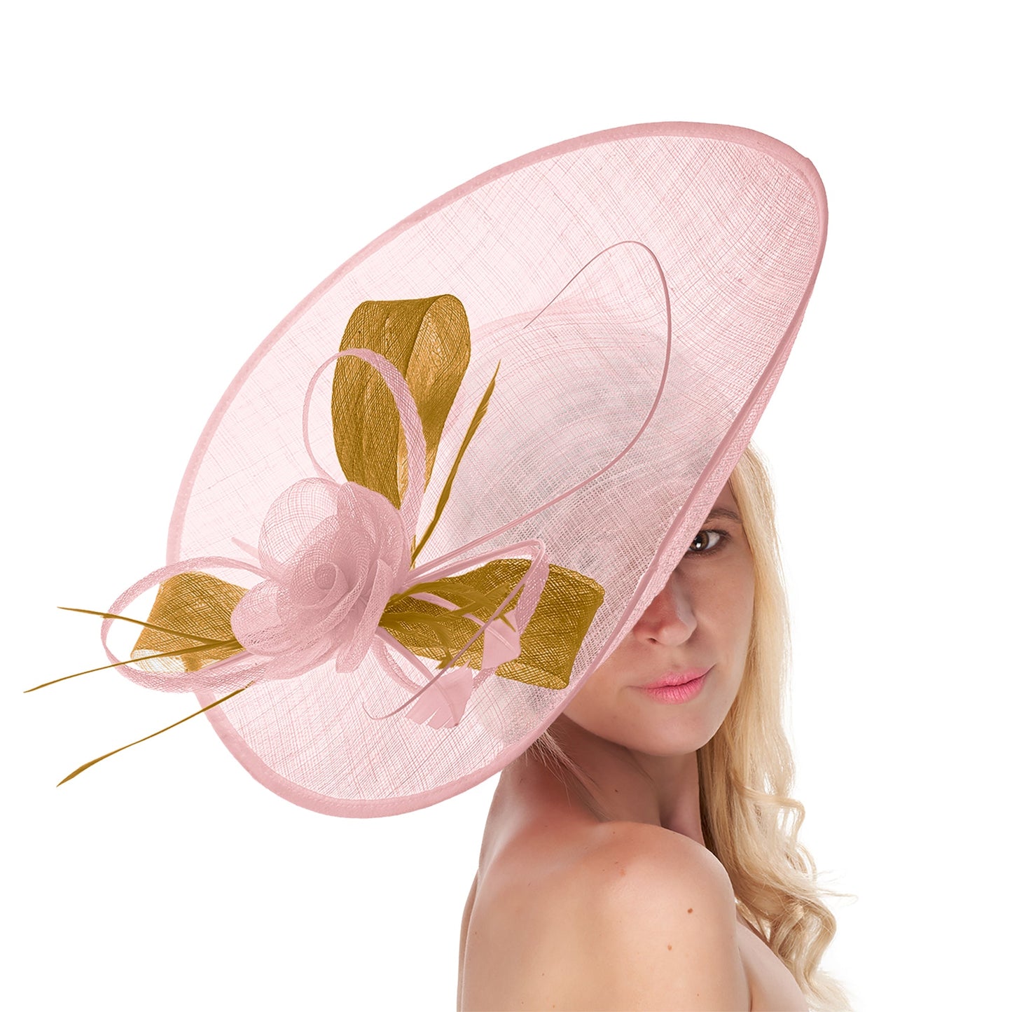 Blush Light Pale Pink Mustard 41cm Large Sinamay Hatinator Disc Saucer Brim Hat Fascinator on Headband