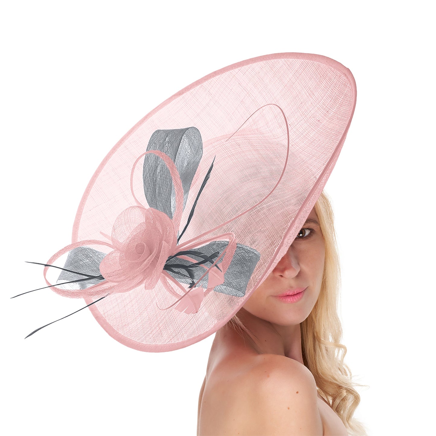Blush Light Pale Pink Silver 41cm Large Sinamay Hatinator Disc Saucer Brim Hat Fascinator on Headband