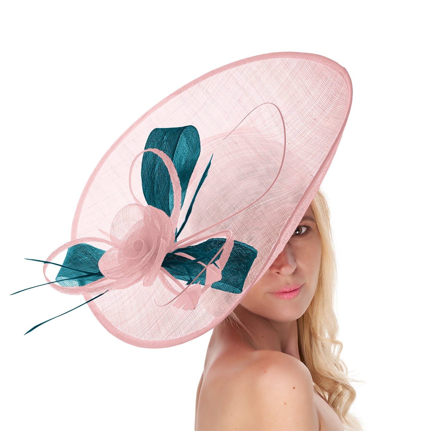 Blush Light Pale Pink Teal 41cm Large Sinamay Hatinator Disc Saucer Brim Hat Fascinator on Headband