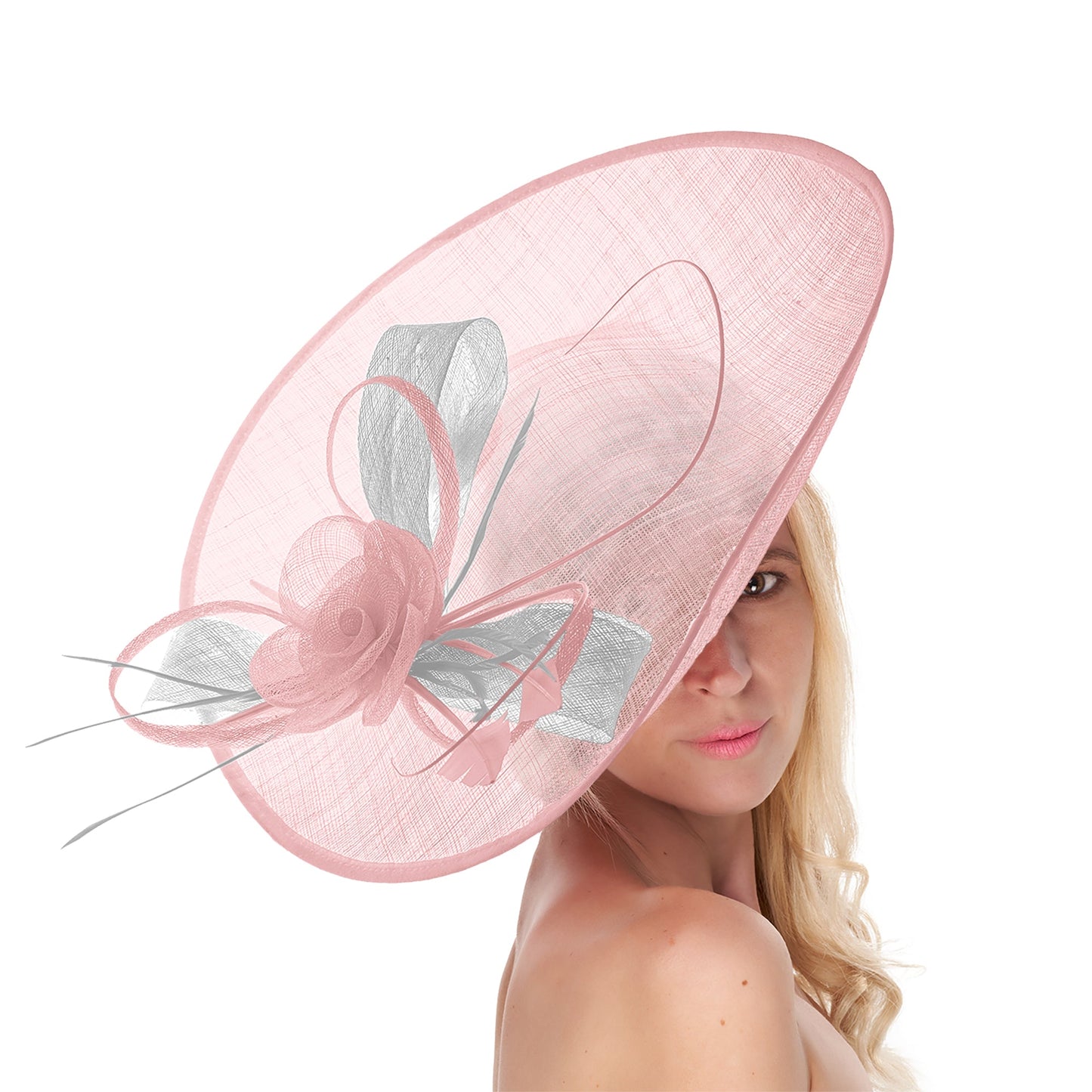 Blush Light Pale Pink White 41cm Large Sinamay Hatinator Disc Saucer Brim Hat Fascinator on Headband