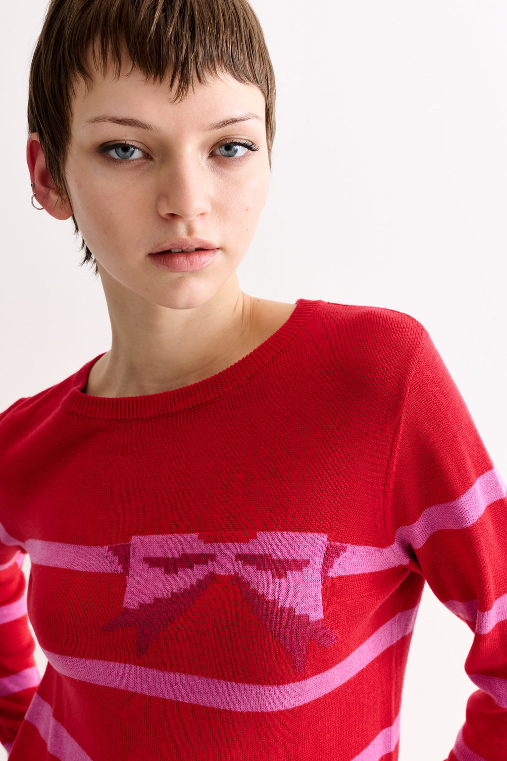 Bly Bow Intarsia Striped Jumper - Red
