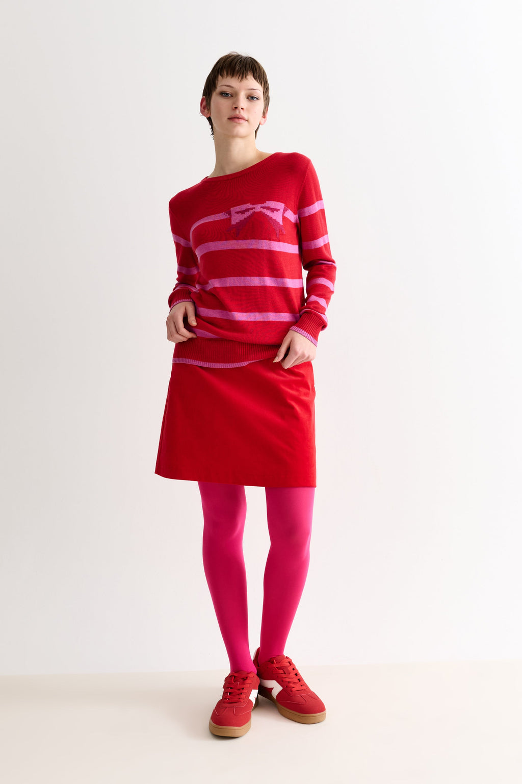 Bly Bow Intarsia Striped Jumper - Red
