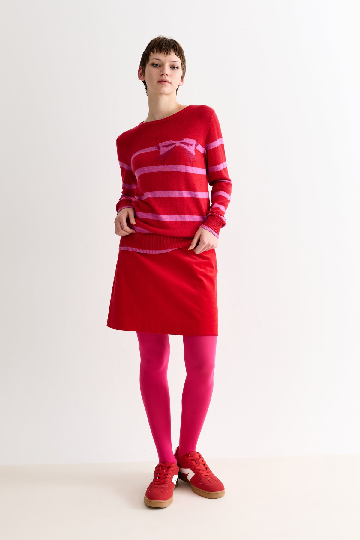Bly Bow Intarsia Striped Jumper - Red