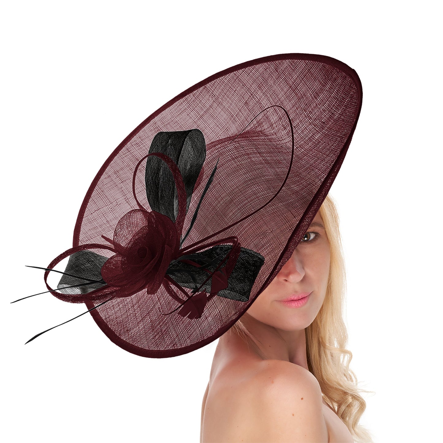 Burgundy Black Mix 41cm Mix Large Sinamay Hatinator Disc Saucer Brim Hat Fascinator on Headband
