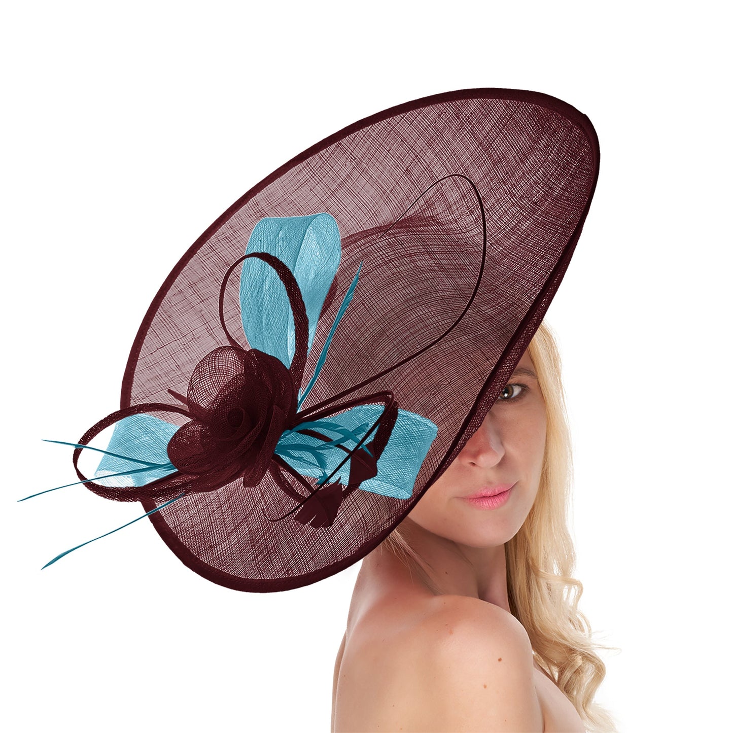 Burgundy Cornflower Mix 41cm Mix Large Sinamay Hatinator Disc Saucer Brim Hat Fascinator on Headband