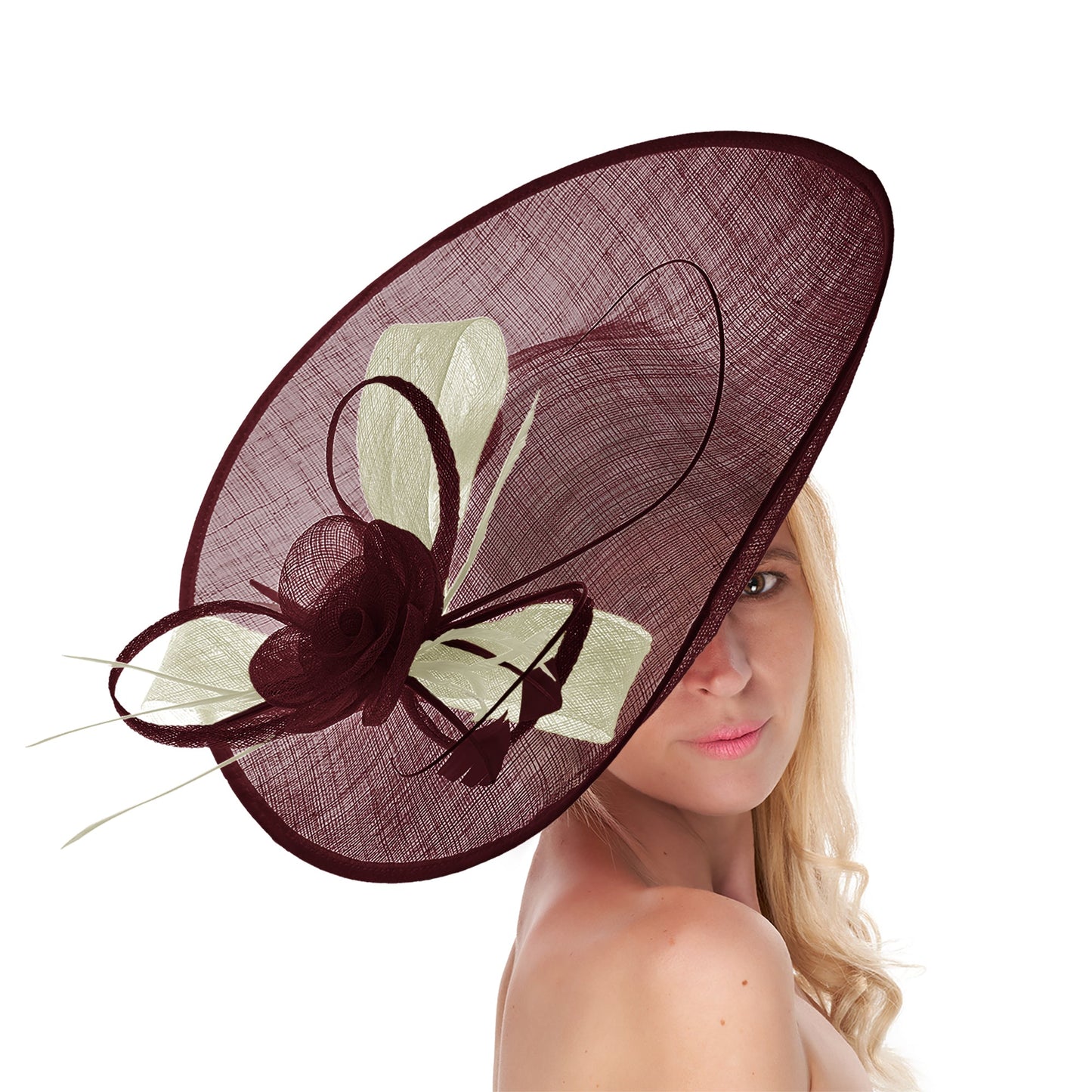 Burgundy Cream Mix 41cm Mix Large Sinamay Hatinator Disc Saucer Brim Hat Fascinator on Headband