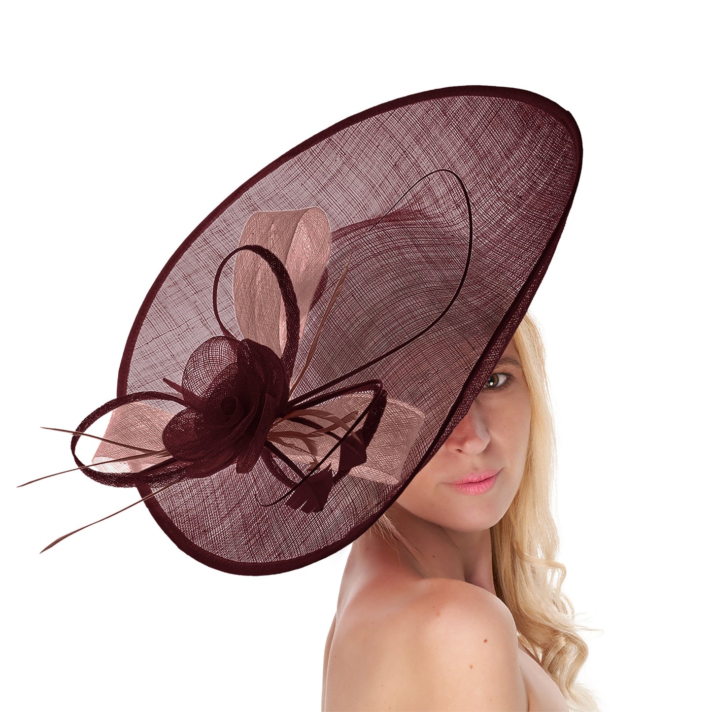 Burgundy Dusty Pink Mix 41cm Mix Large Sinamay Hatinator Disc Saucer Brim Hat Fascinator on Headband