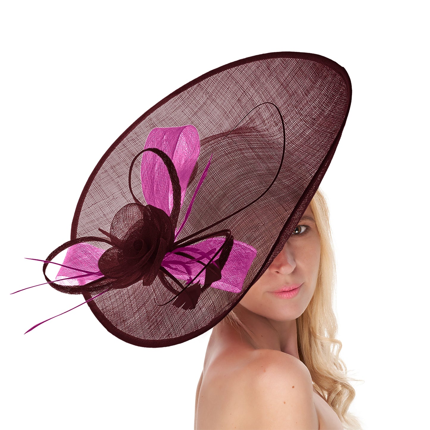Burgundy Fuchsia Mix 41cm Mix Large Sinamay Hatinator Disc Saucer Brim Hat Fascinator on Headband