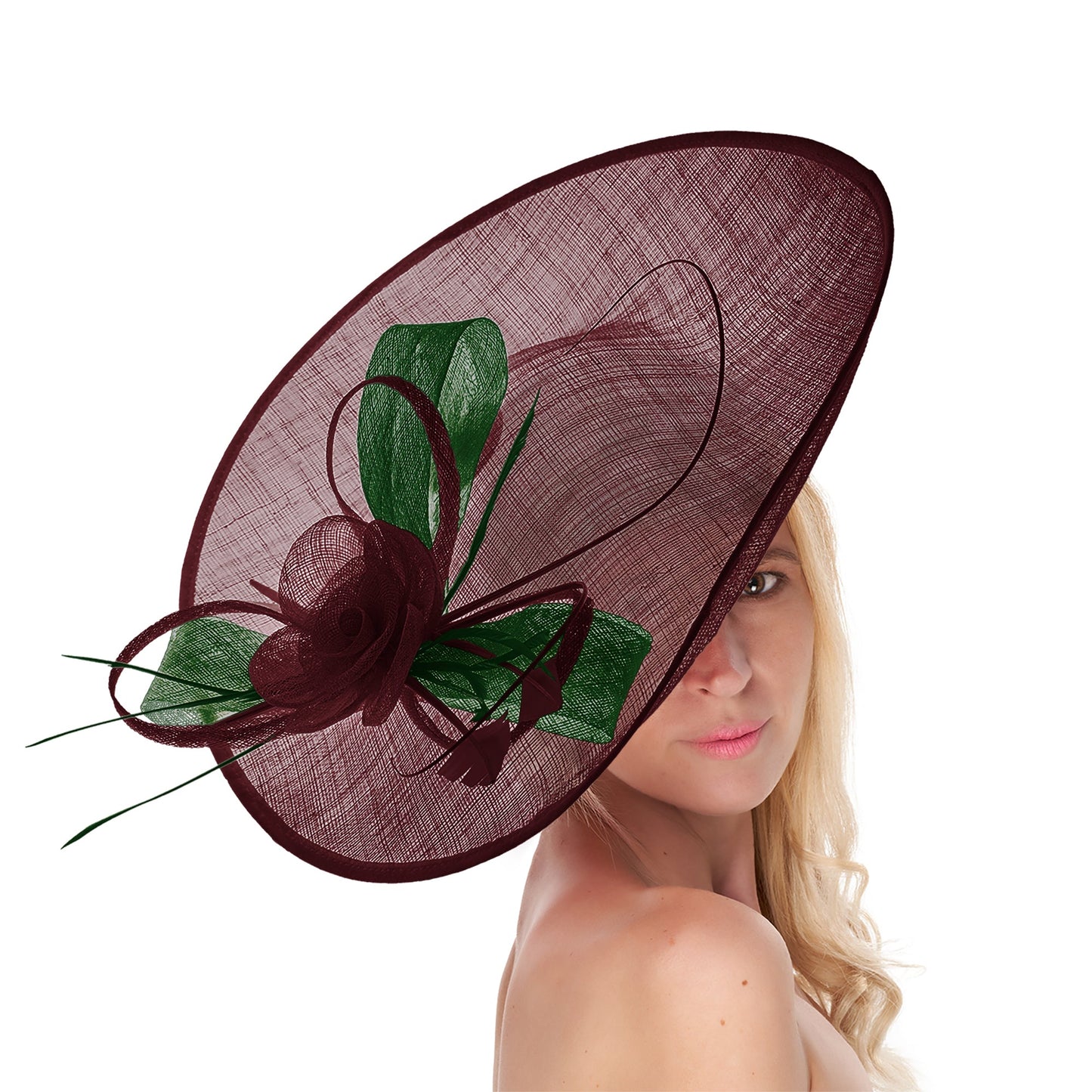 Burgundy Green Mix 41cm Mix Large Sinamay Hatinator Disc Saucer Brim Hat Fascinator on Headband