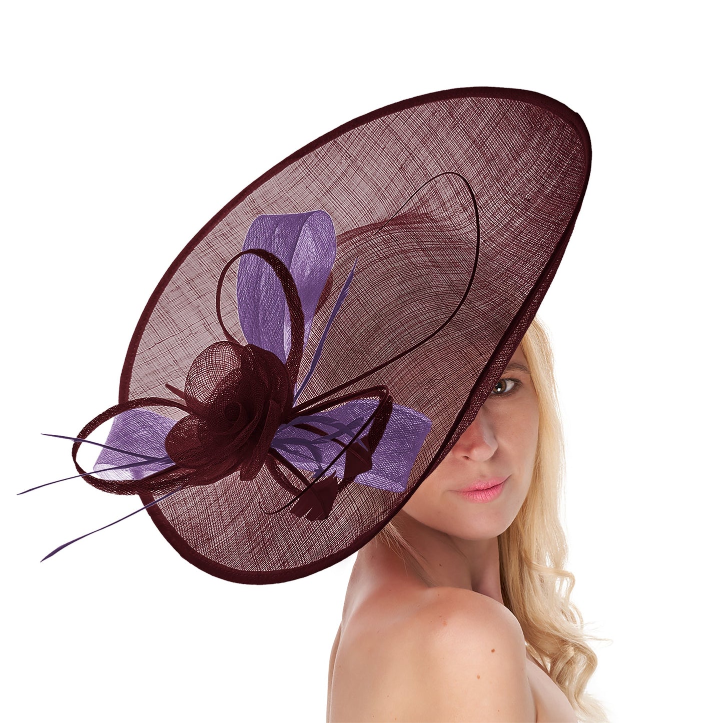 Burgundy Lavender Mix 41cm Mix Large Sinamay Hatinator Disc Saucer Brim Hat Fascinator on Headband