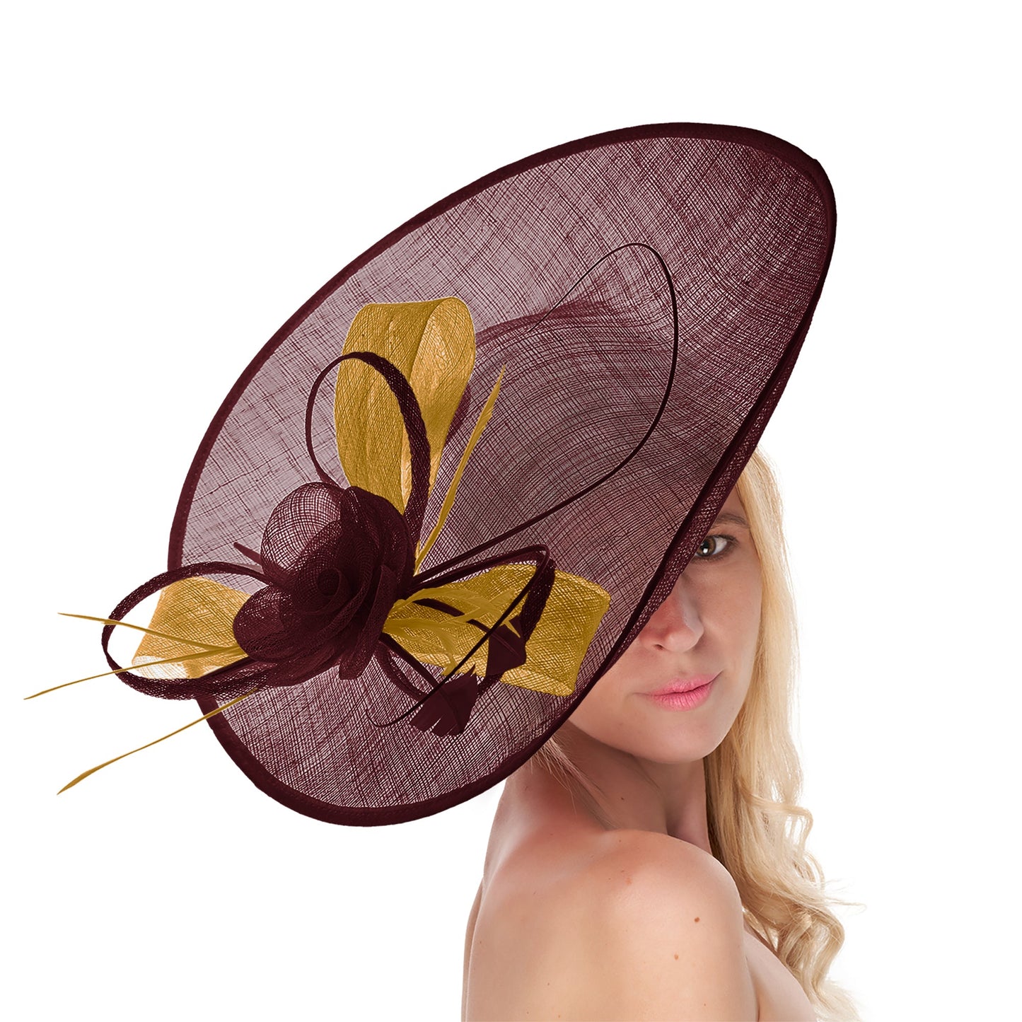 Burgundy Mustard Mix 41cm Mix Large Sinamay Hatinator Disc Saucer Brim Hat Fascinator on Headband