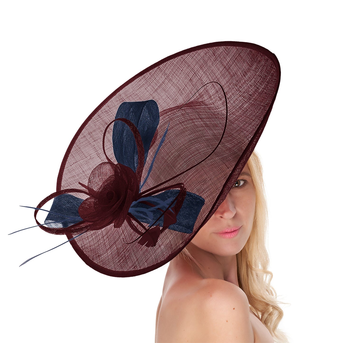 Burgundy Navy Mix 41cm Mix Large Sinamay Hatinator Disc Saucer Brim Hat Fascinator on Headband