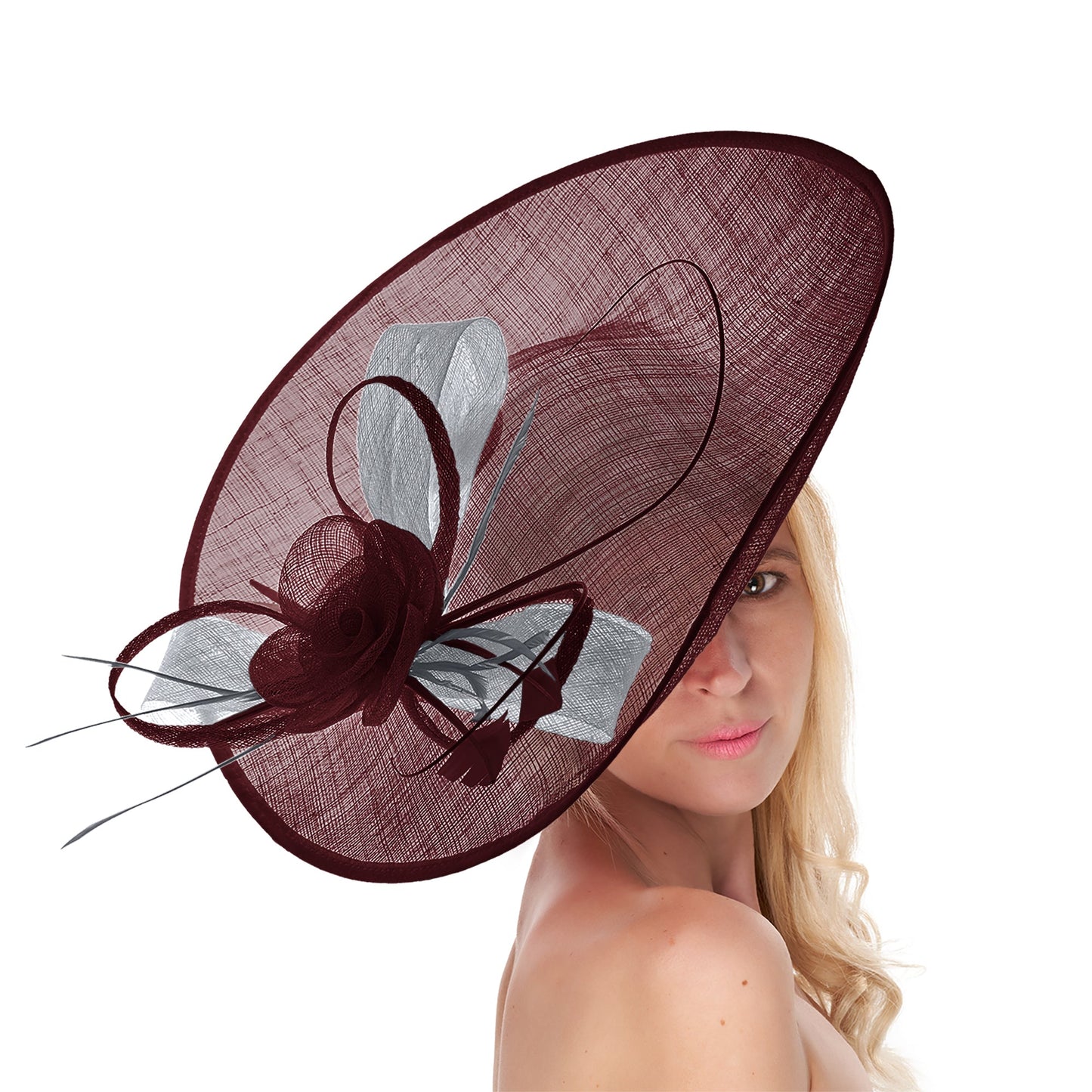 Burgundy Silver Mix 41cm Mix Large Sinamay Hatinator Disc Saucer Brim Hat Fascinator on Headband