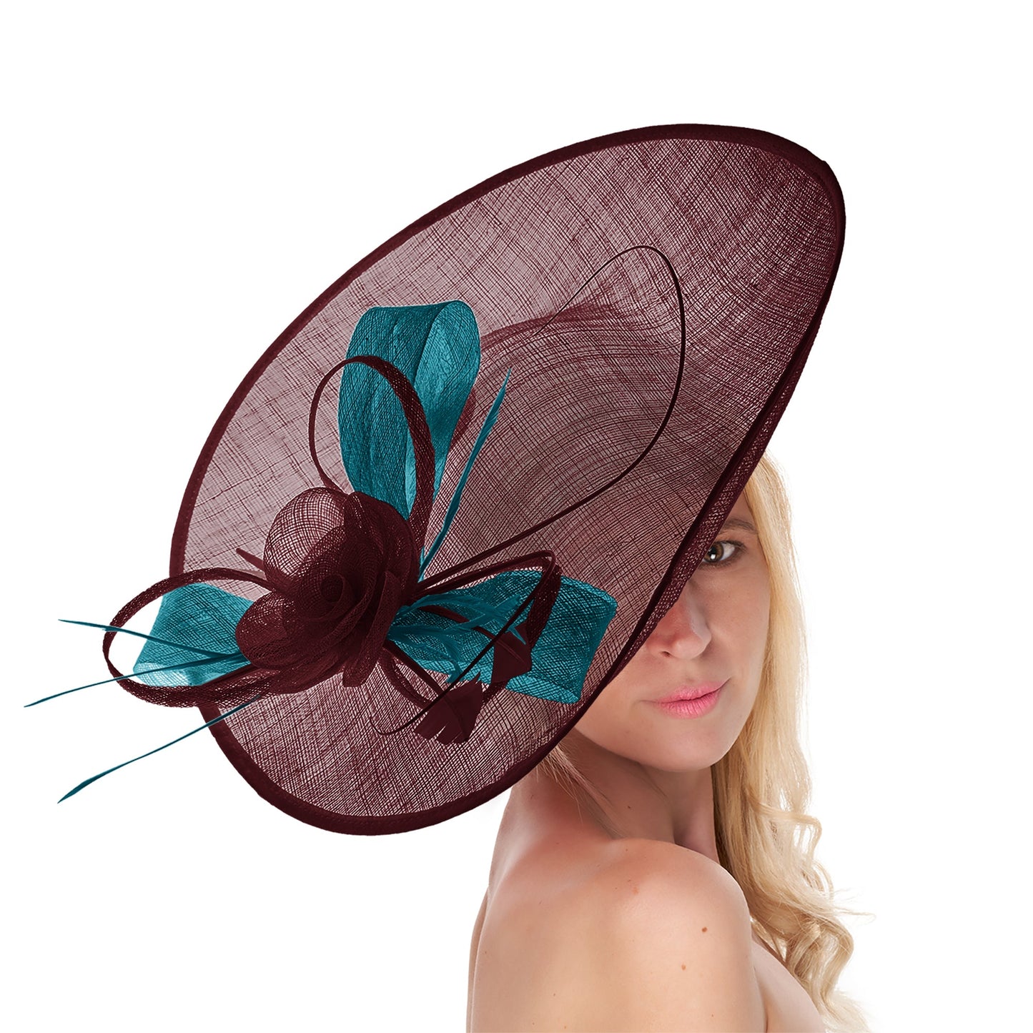 Burgundy Teal Mix 41cm Mix Large Sinamay Hatinator Disc Saucer Brim Hat Fascinator on Headband
