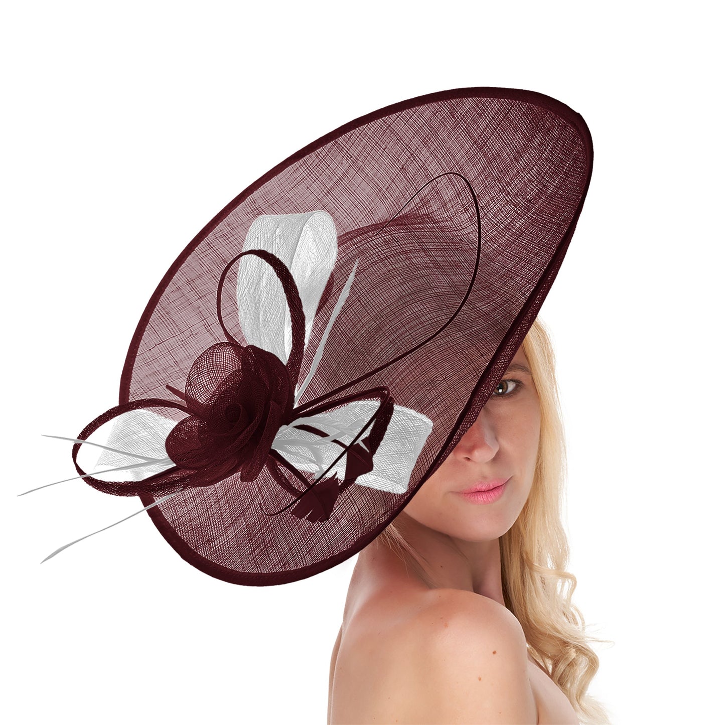 Burgundy White Mix 41cm Mix Large Sinamay Hatinator Disc Saucer Brim Hat Fascinator on Headband