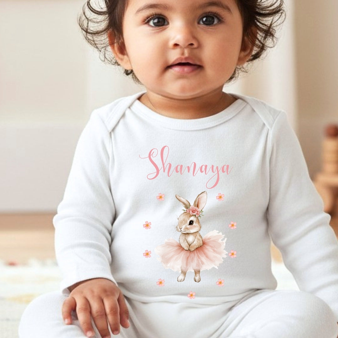 Personalised Pink Ballet Bunny Baby Grow, Vest or Bib with Name