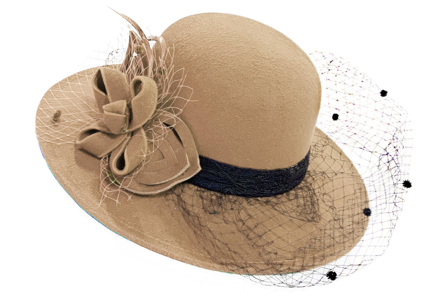 Large Wool Mix Formal Brim Fedora Hat with Veil Hatinator Fascinator