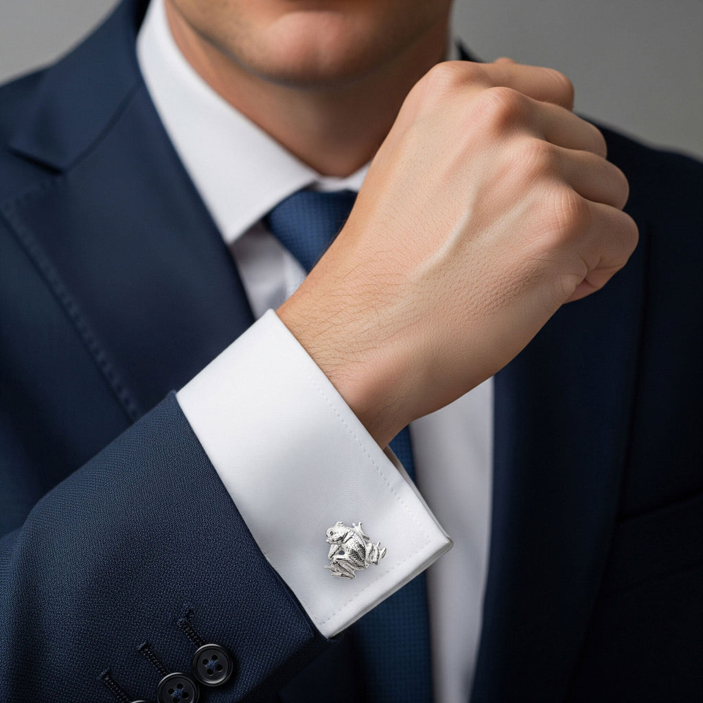 Frog Sterling Silver Cufflinks With Emerald Eyes