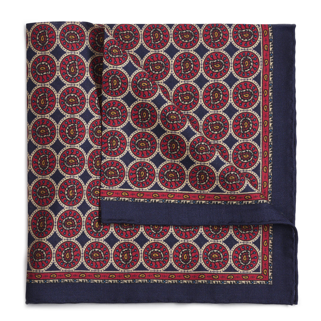 Circular Paisley (Wool & Silk Mix) Pocket Square In Navy