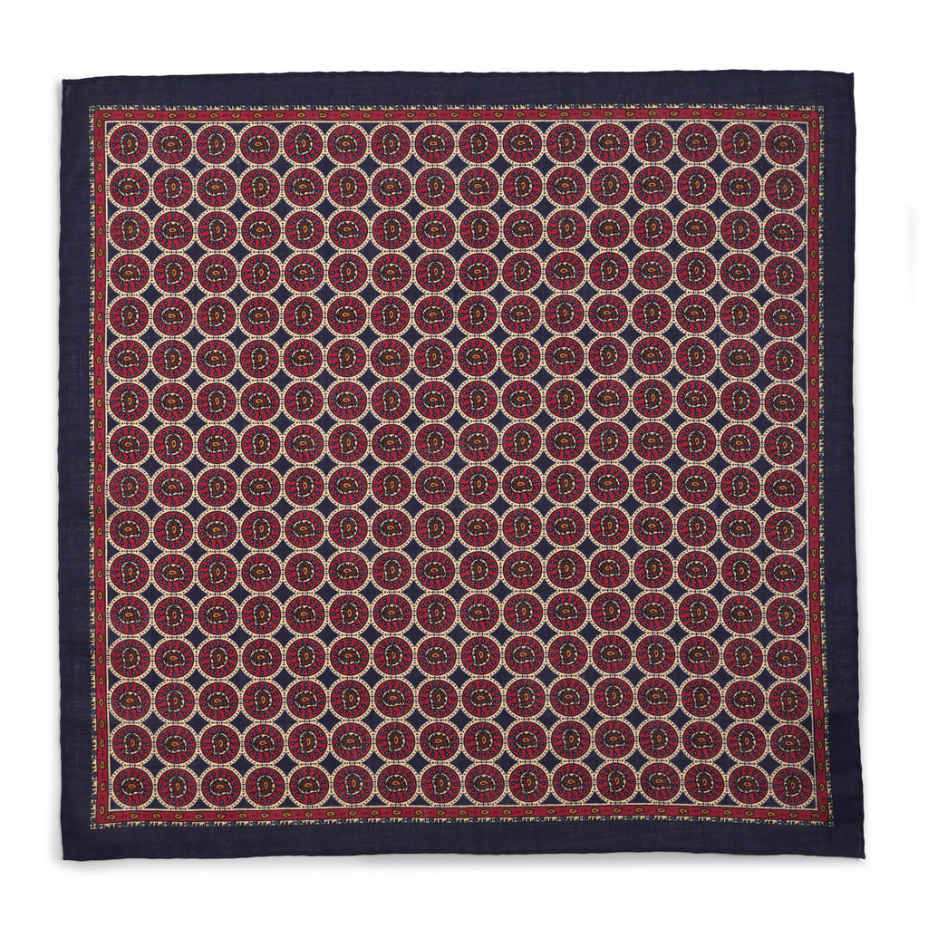 Circular Paisley (Wool & Silk Mix) Pocket Square In Navy
