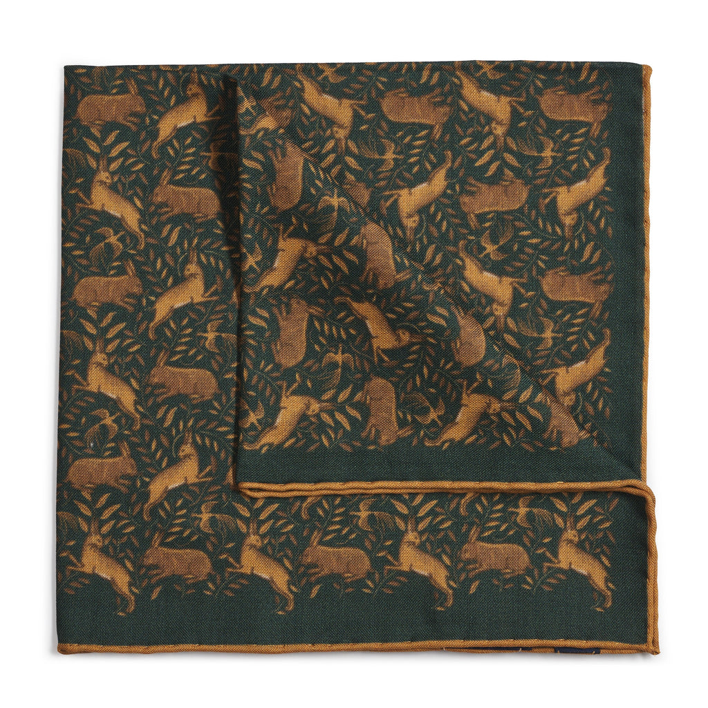 Countryside Hare (Wool & Silk Mix) Pocket Square In Green