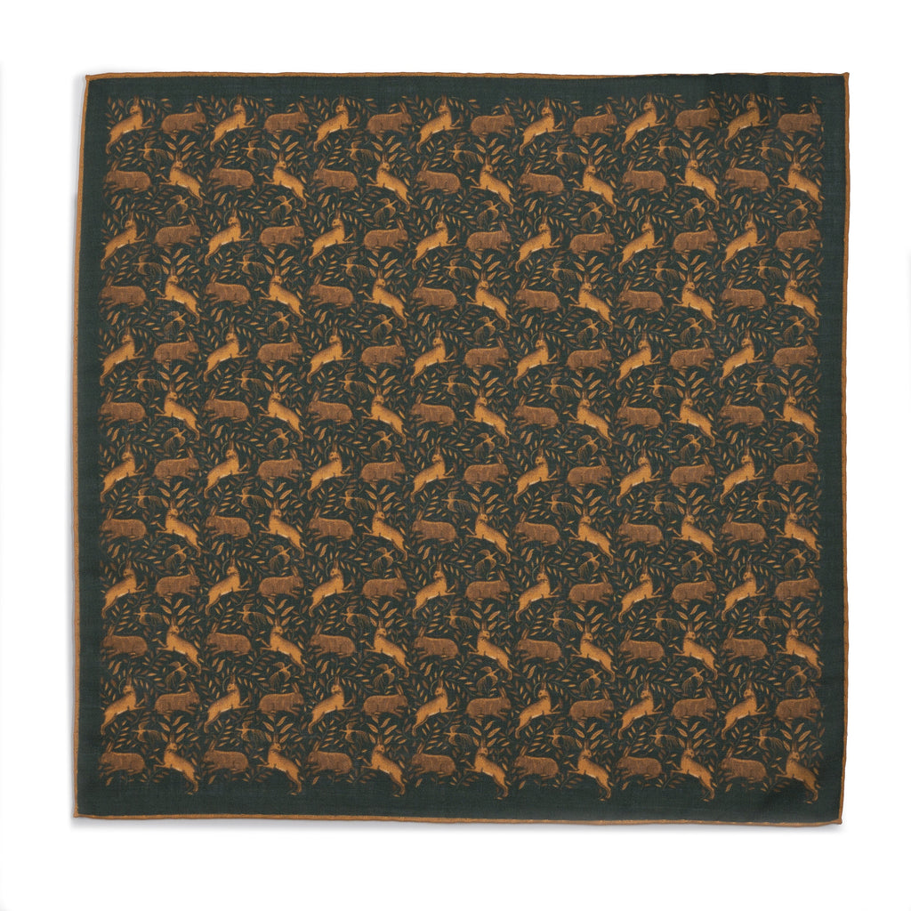 Countryside Hare (Wool & Silk Mix) Pocket Square In Green