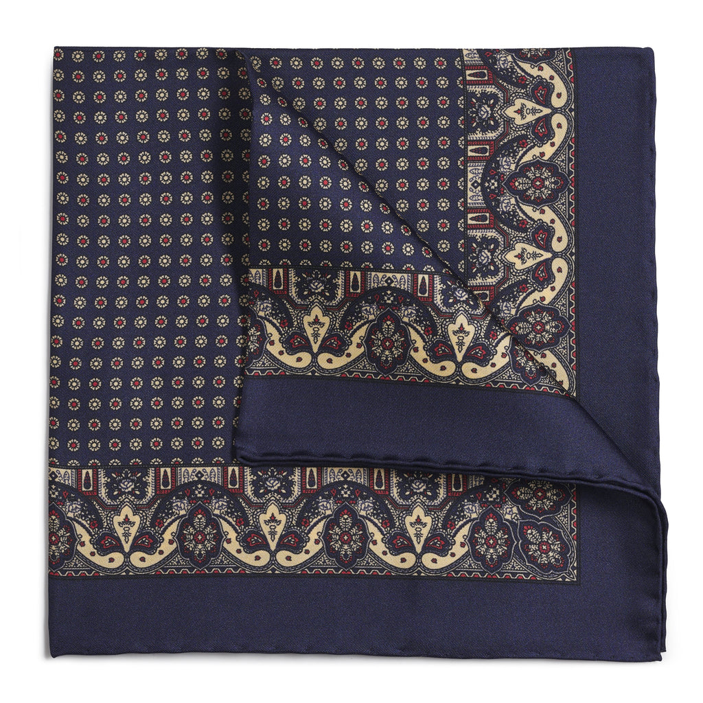 Ornate Paisley Silk Pocket Square In Navy