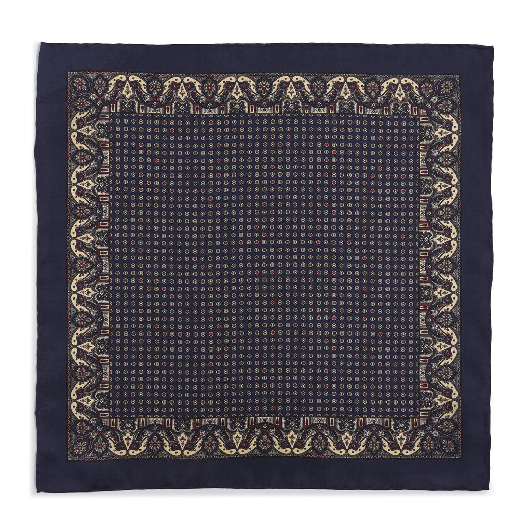 Ornate Paisley Silk Pocket Square In Navy