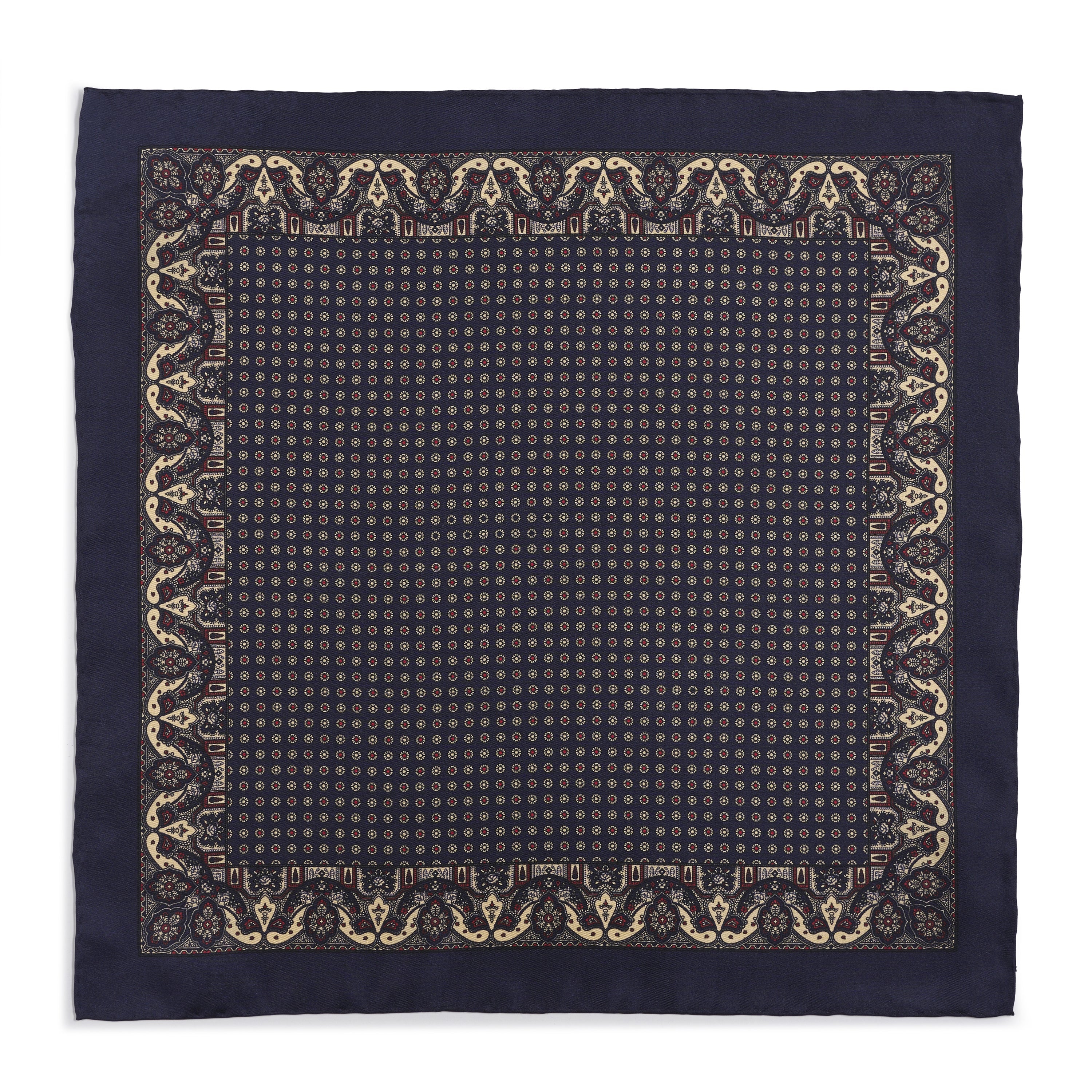 Ornate Paisley Silk Pocket Square In Navy