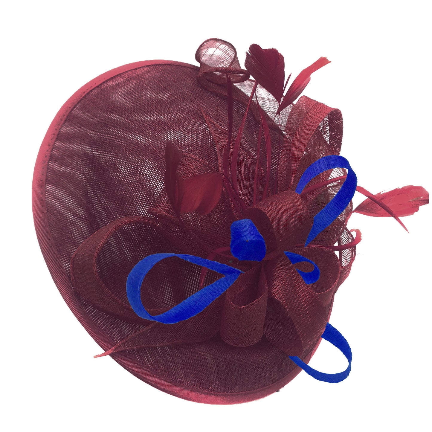 Caprilite Big Saucer Sinamay Burgundy & Royal Blue Mixed Colour Fascinator On Headband