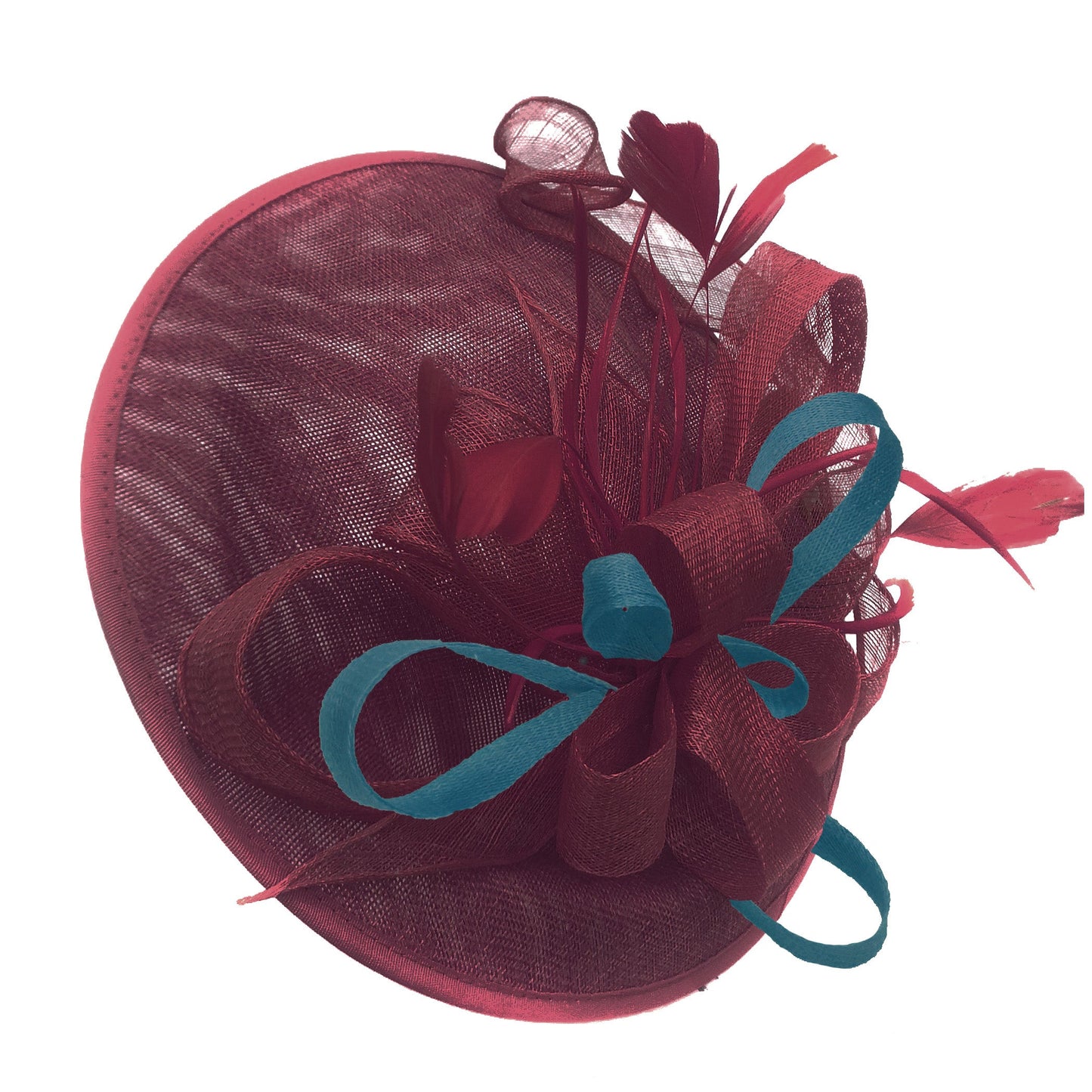 Caprilite Big Saucer Sinamay Burgundy & Teal Mixed Colour Fascinator On Headband