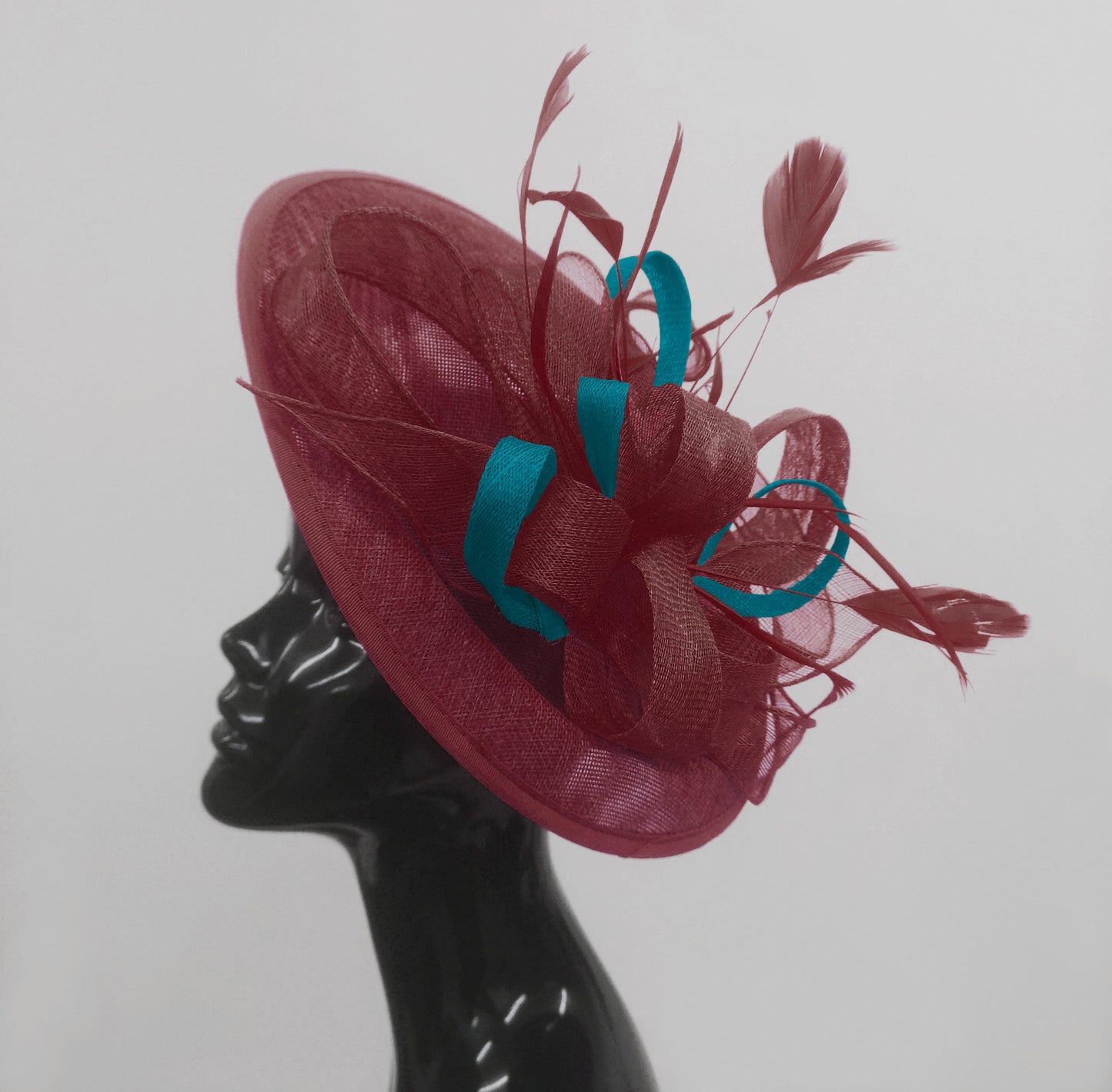 Caprilite Big Saucer Sinamay Burgundy & Teal Mixed Colour Fascinator On Headband