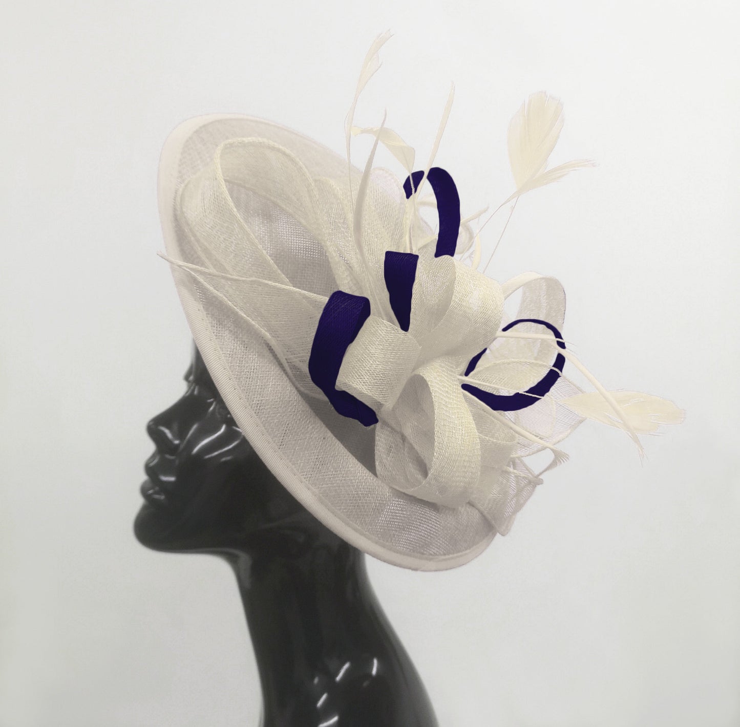 Caprilite Big Saucer Sinamay Cream Ivory & Navy Mixed Colour Fascinator On Headband