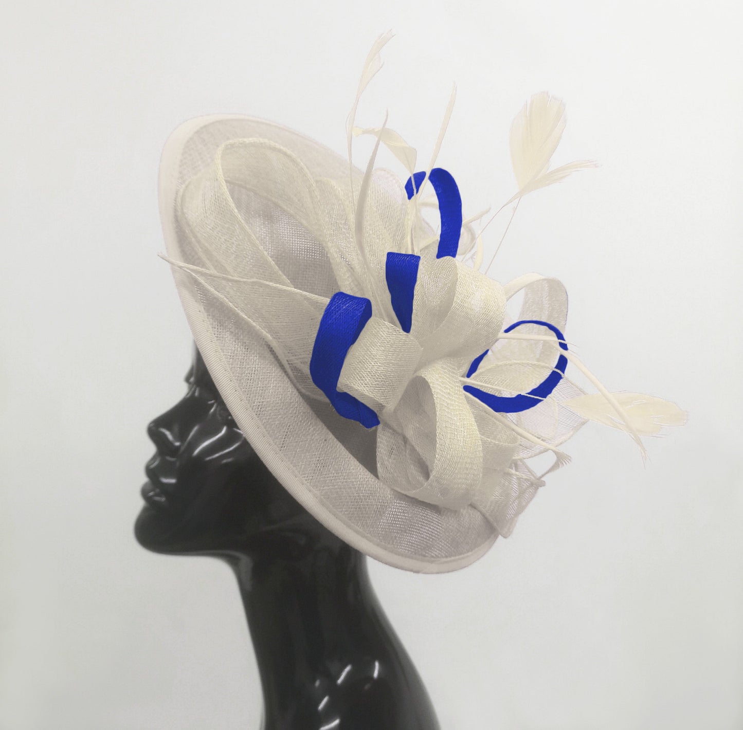 Caprilite Big Saucer Sinamay Cream Ivory & Royal Blue Mixed Colour Fascinator On Headband