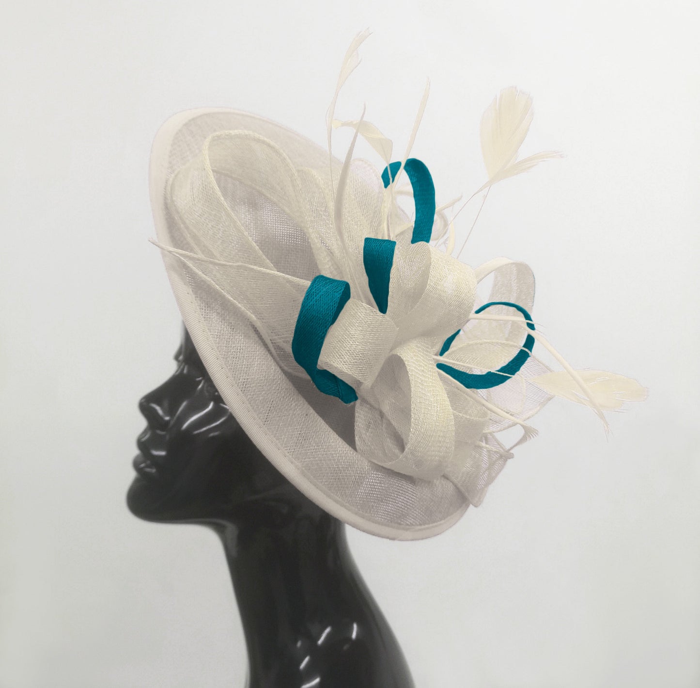 Caprilite Big Saucer Sinamay Cream Ivory & Teal Mixed Colour Fascinator On Headband