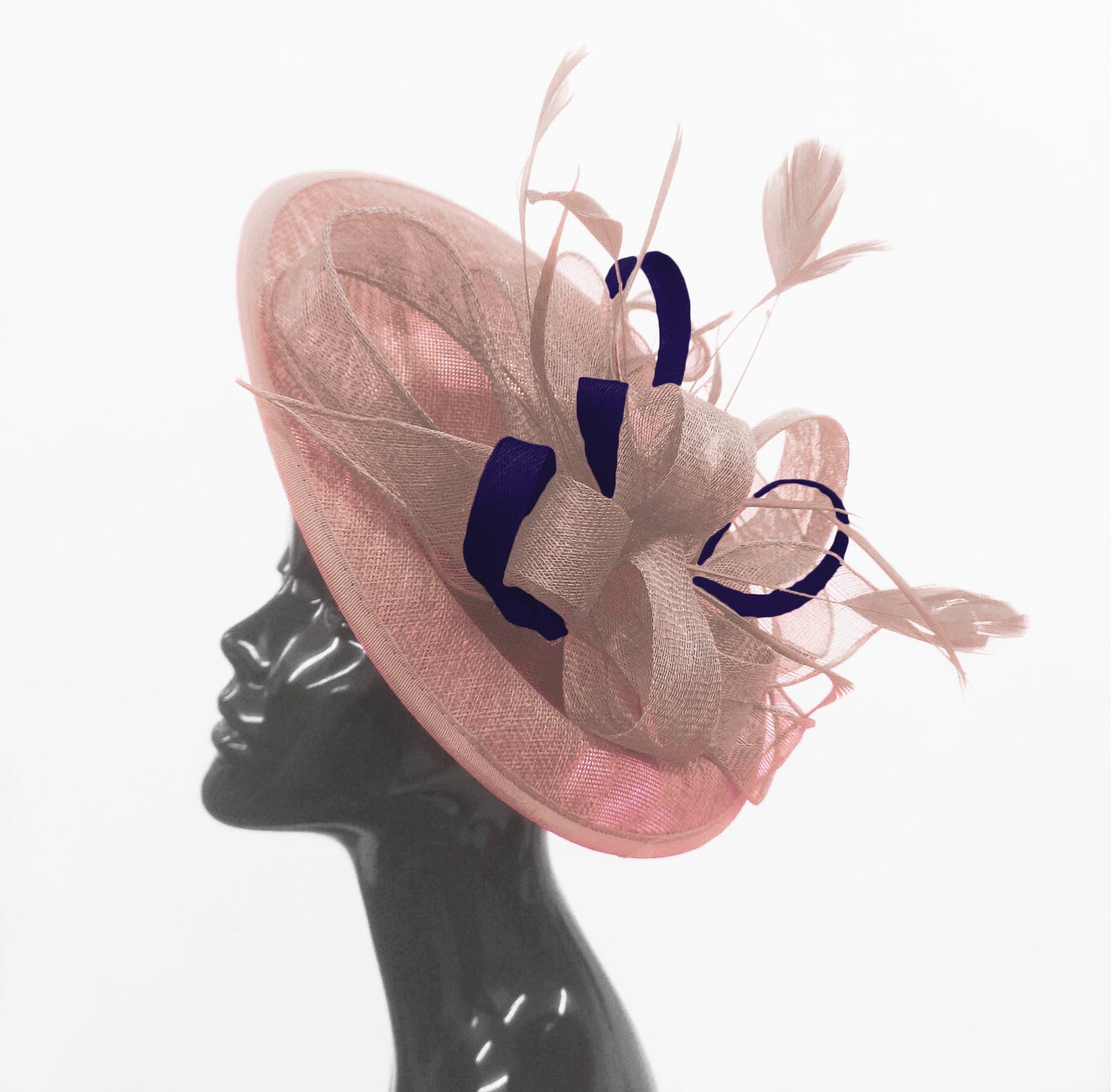 Caprilite Big Saucer Sinamay Dusty Pink & Navy Mixed Colour Fascinator On Headband