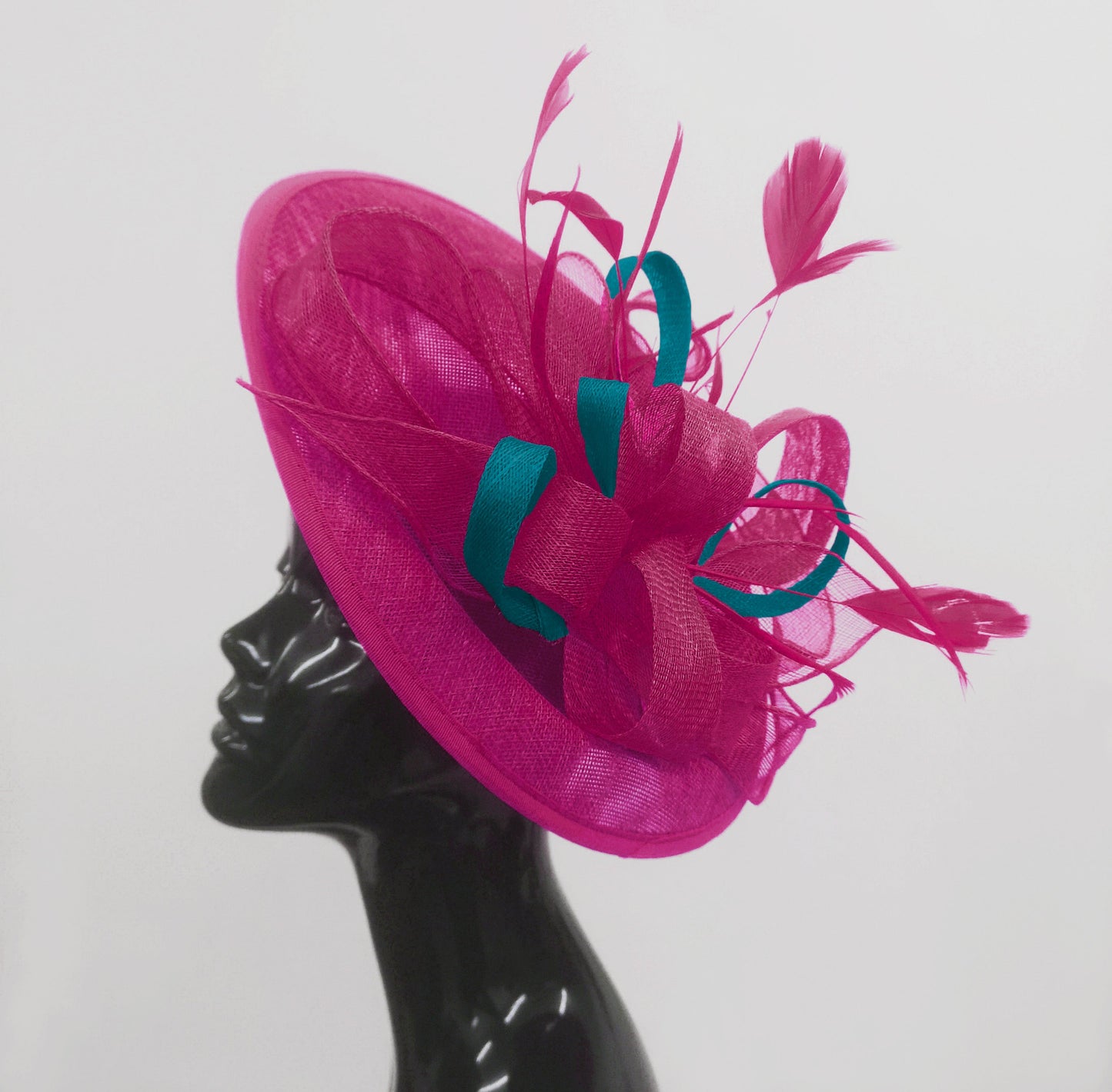 Caprilite Big Saucer Sinamay Fuchsia Hot Pink & Teal Mixed Colour Fascinator On Headband