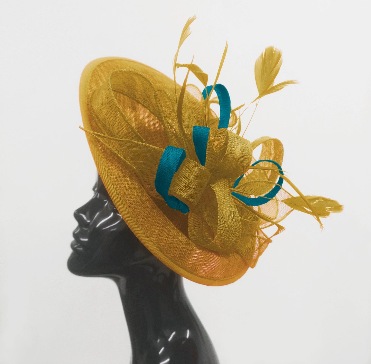 Caprilite Big Saucer Sinamay Gold Mustard & Teal Mixed Colour Fascinator On Headband