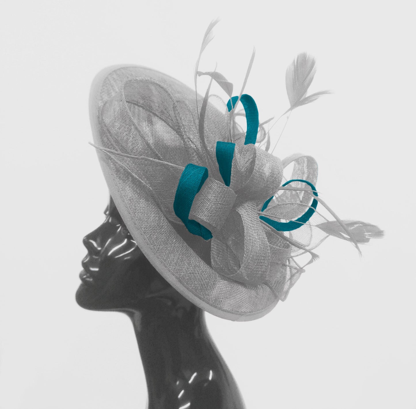 Caprilite Big Saucer Sinamay Silver Grey & Teal Mixed Colour Fascinator On Headband
