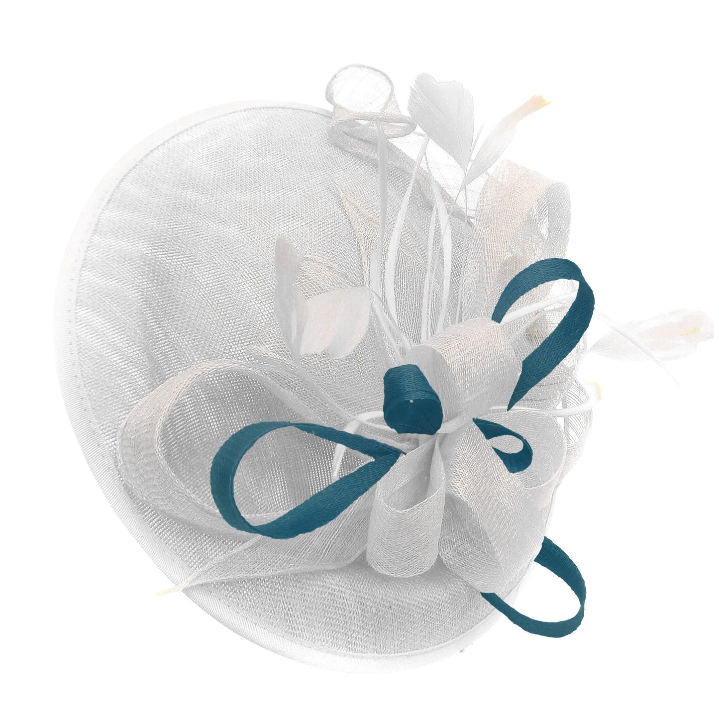 Caprilite Big Saucer Sinamay White & Teal Mixed Colour Fascinator On Headband
