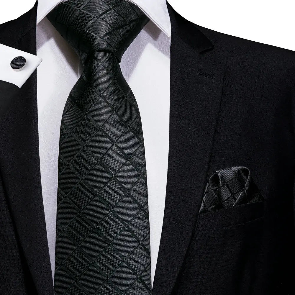 Black Check Pattern Silk Tie - With Matching Cufflinks & Pocket Square