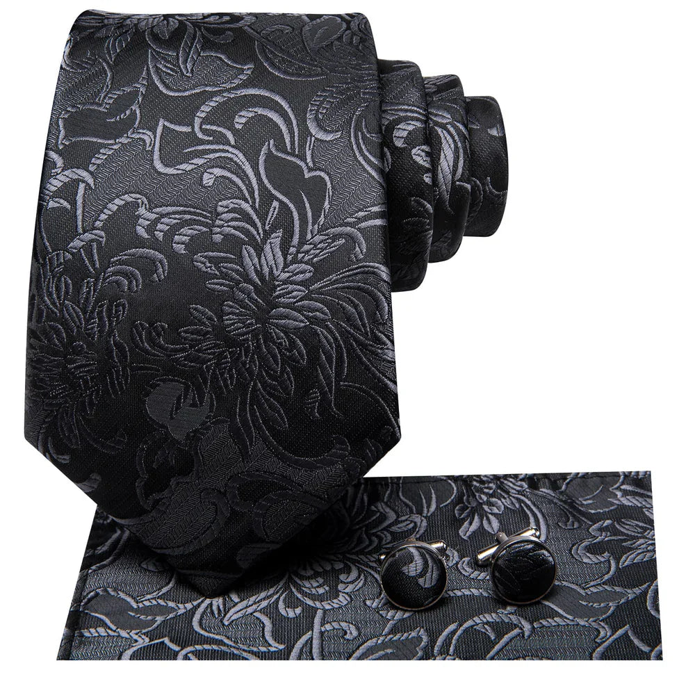 Black Floral Design Silk Tie - With Matching Cufflinks & Pocket Square