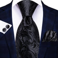 Black Floral Design Silk Tie - With Matching Cufflinks & Pocket Square