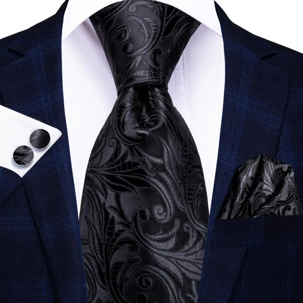 Black Floral Design Silk Tie - With Matching Cufflinks & Pocket Square